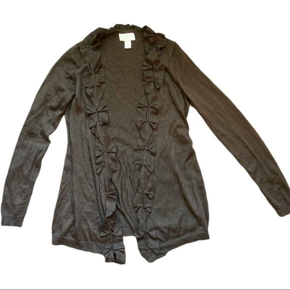 Ann Taylor Loft size XS brown cardigan ruffled tr, hangs lower in front, soft